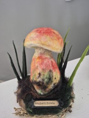 Hand-Felted Rhubarb Bolete Mushroom Sculpture - Red, Orange, Yellow